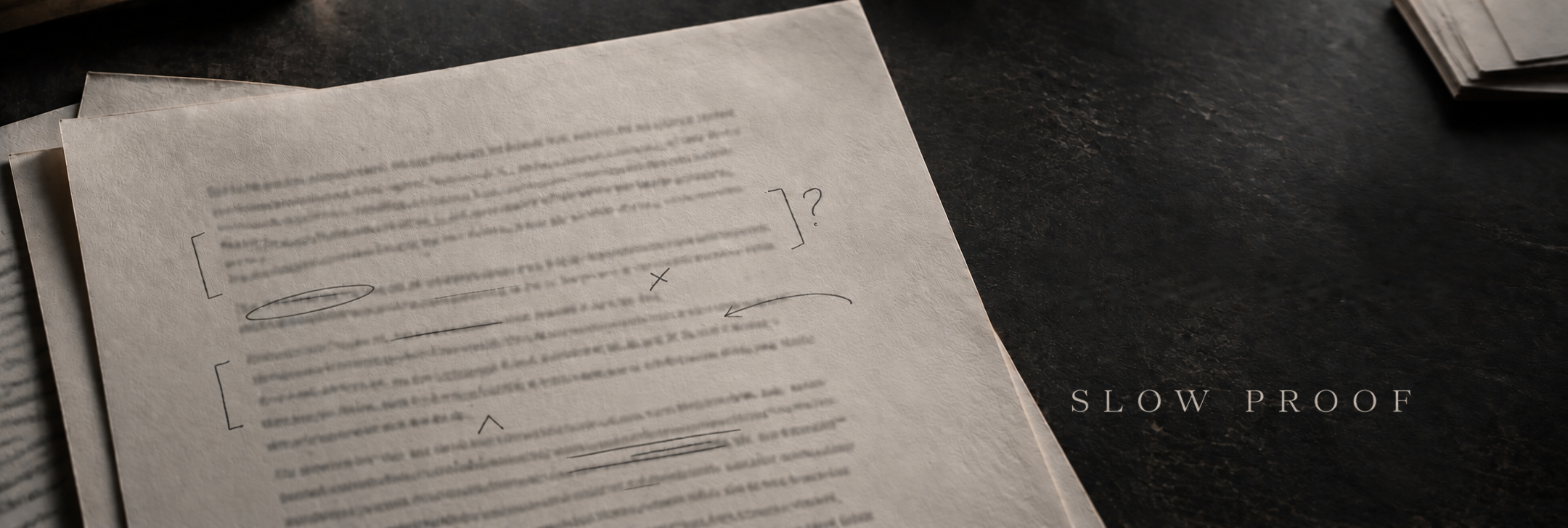 Manuscript pages with handwritten proofreading marks on a dark desk; Slow Proof set in spaced lettering.
